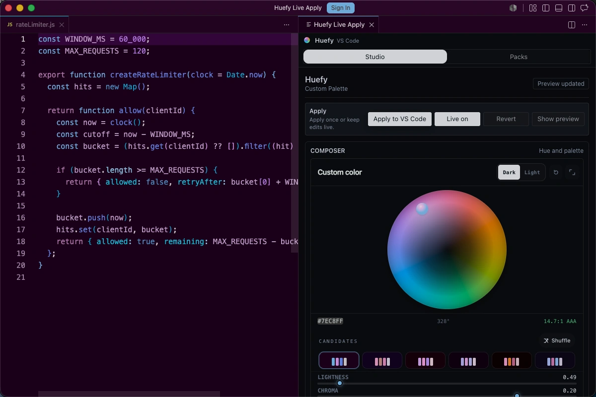 Huefy VS Code panel